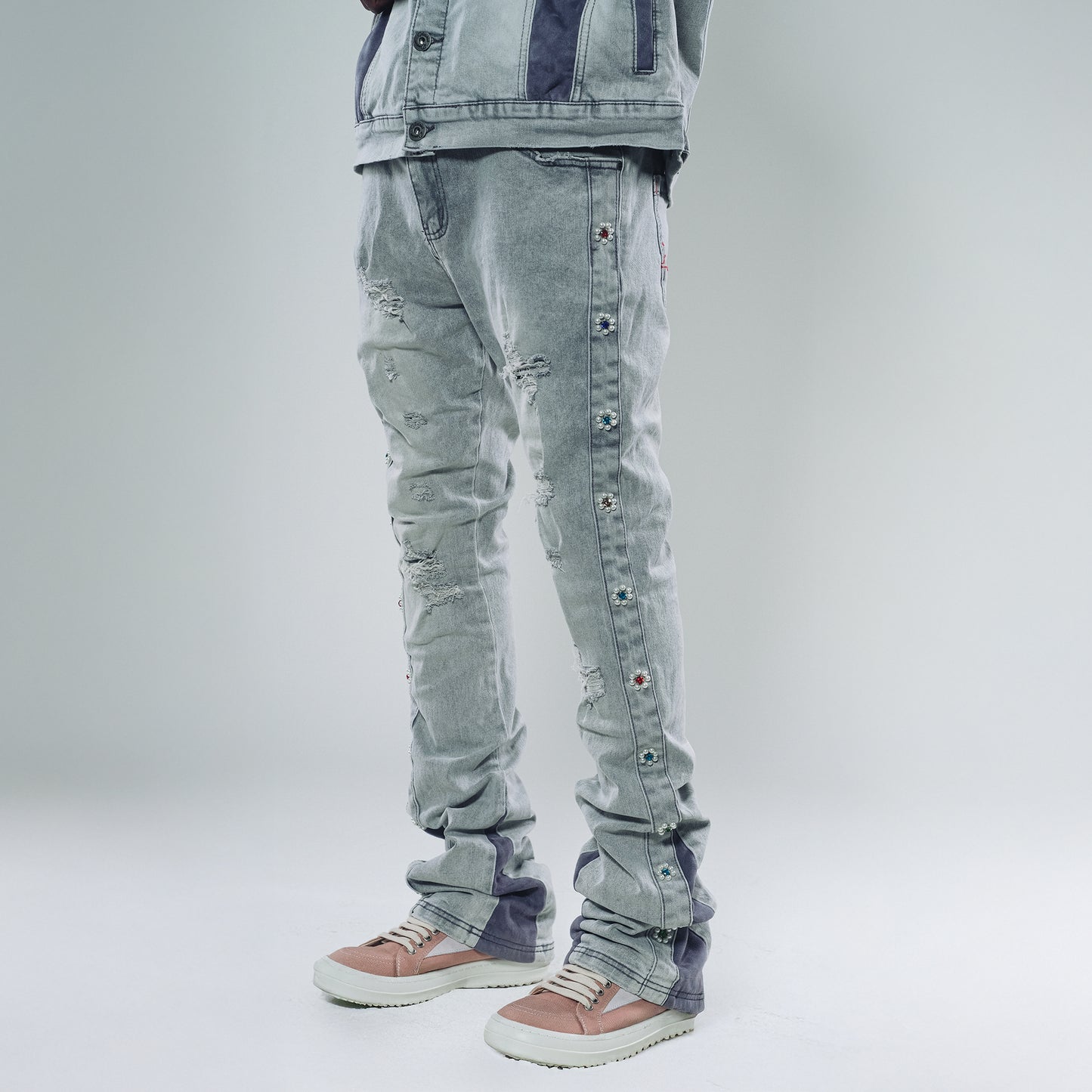 Denim flared jeans/ suede cut / sew and pearl