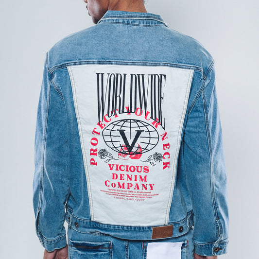 Denim jacket w/ suede cut & sew and pearl + gem stone details