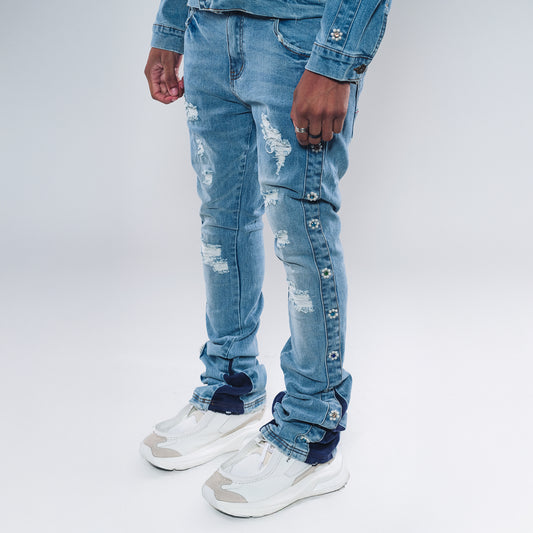 Denim flared jeans/ suede cut / sew and pearl