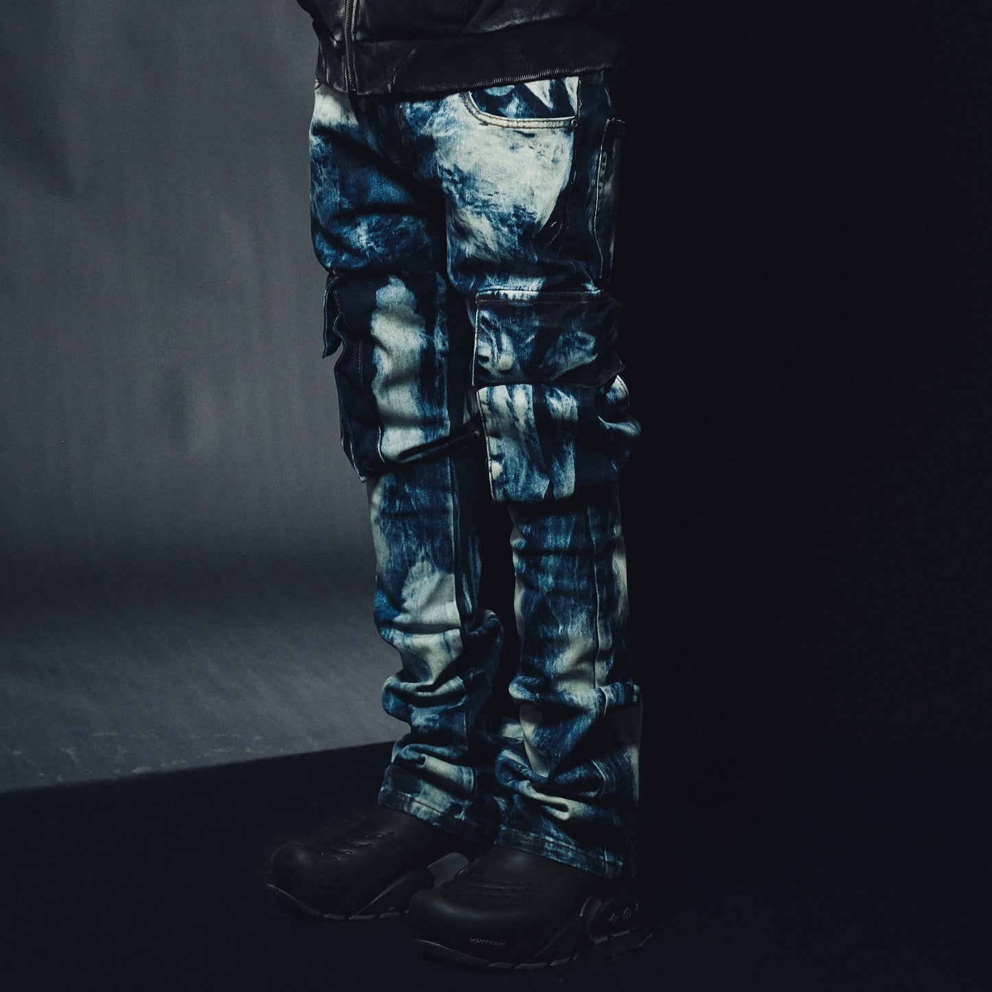 Wax coated washed flared denim pant