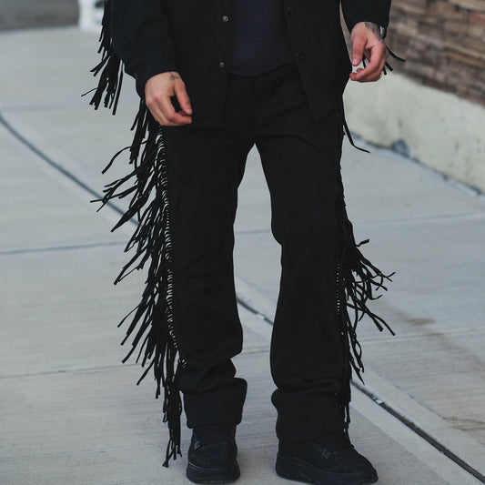 Suede fringed flared jeans