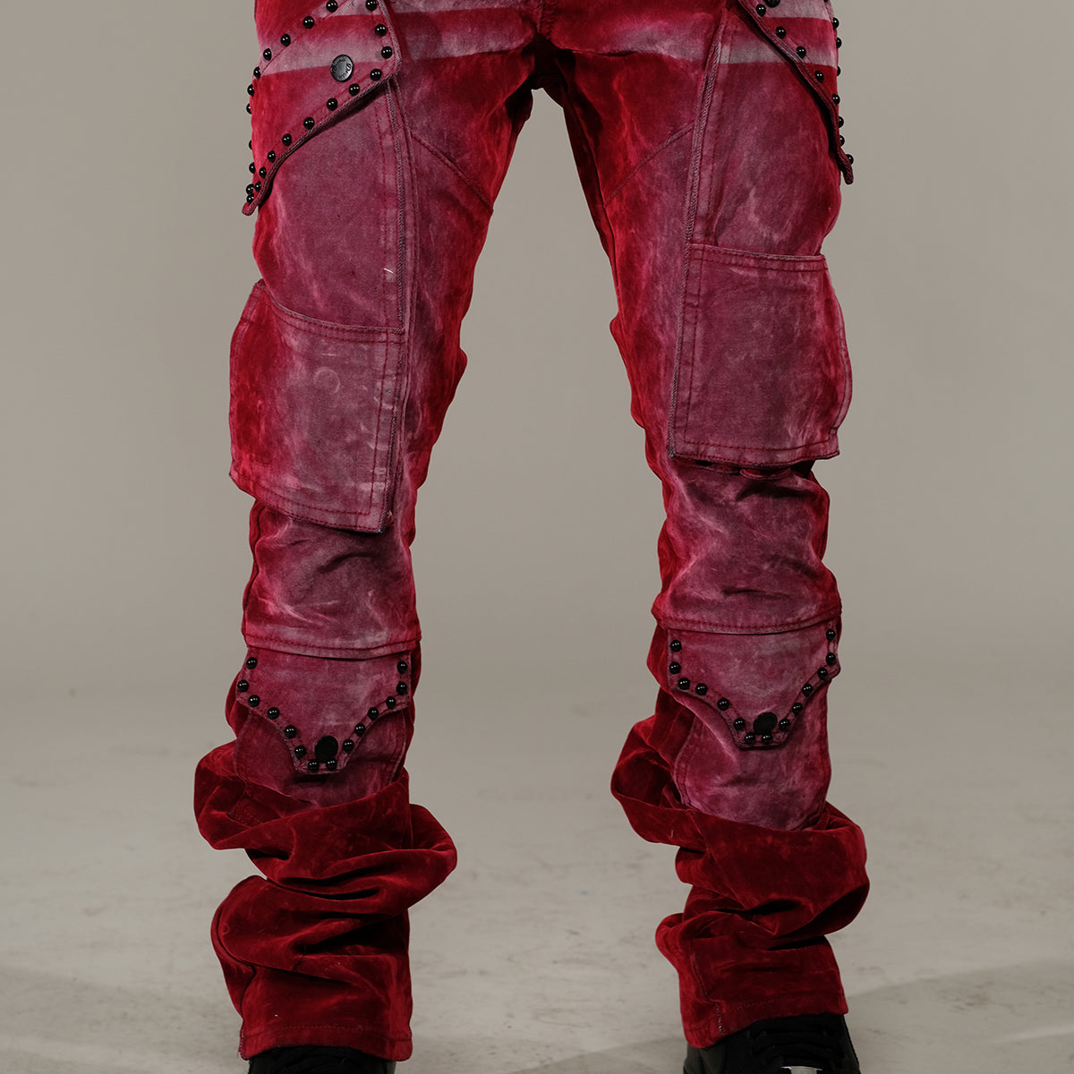 Washed Velvet Flare Denim W/ Stones Details Blood Red by Vicious - 1