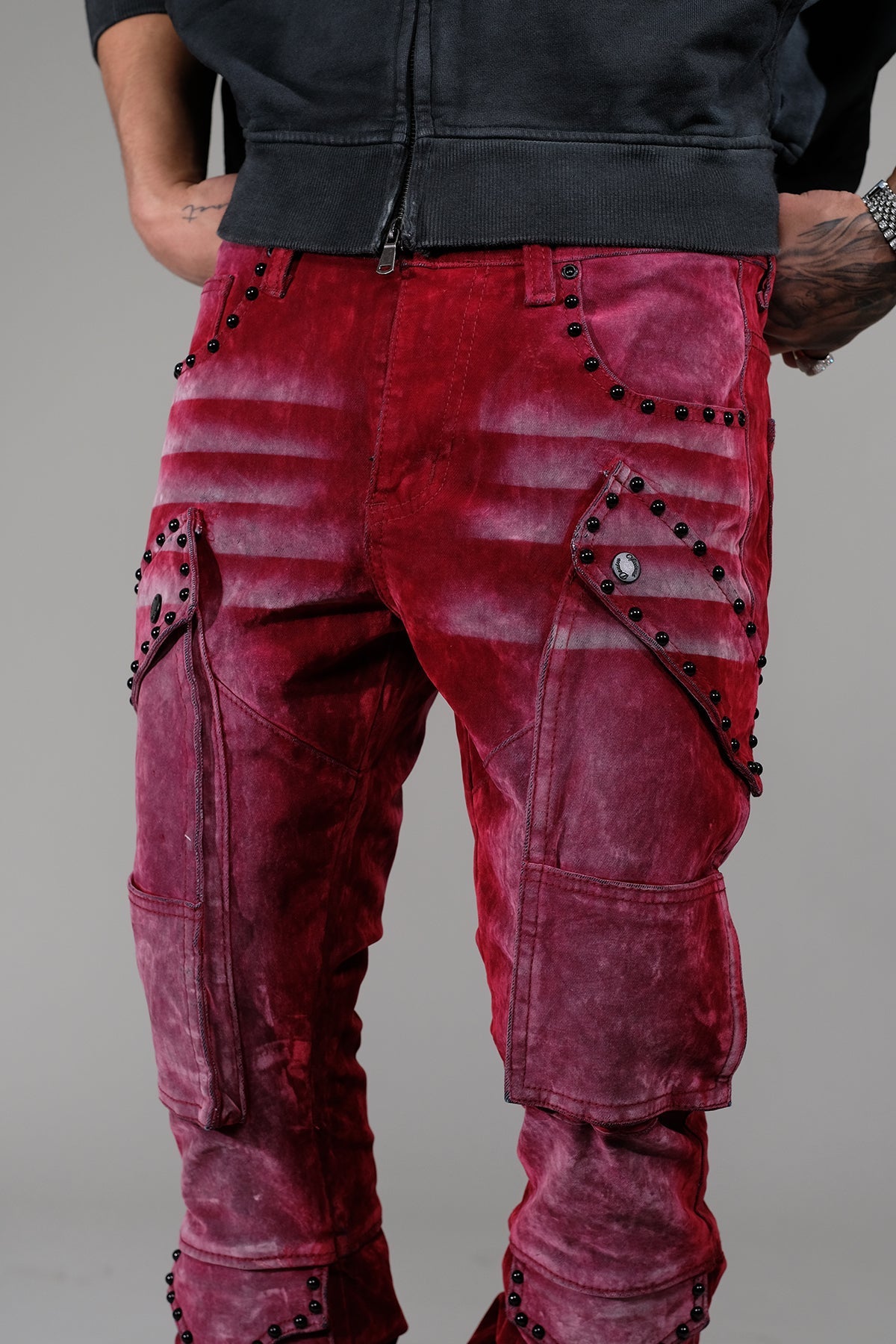 Washed Velvet Flare Denim W/ Stones Details Blood Red by Vicious - 2