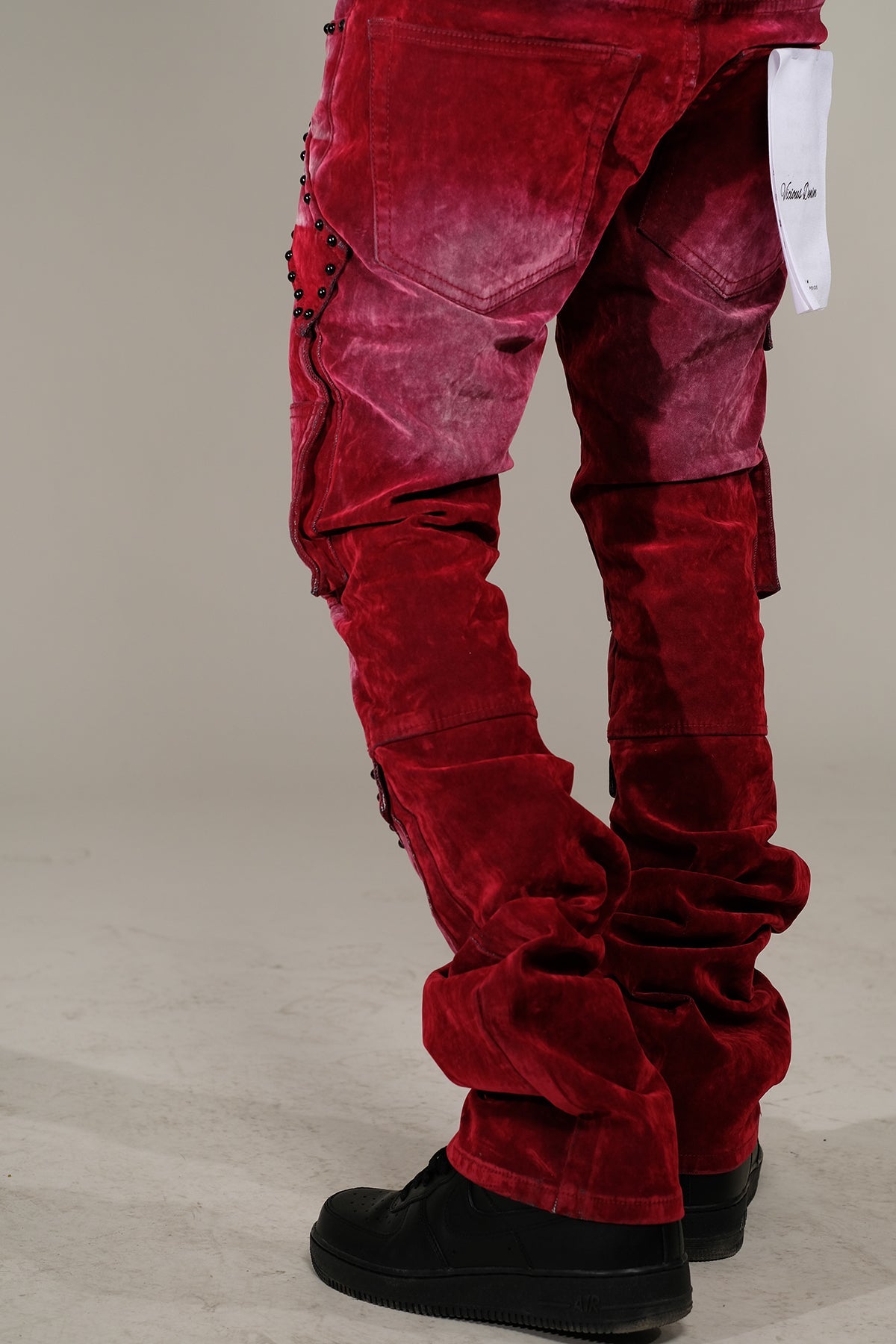 Washed Velvet Flare Denim W/ Stones Details Blood Red by Vicious - 3