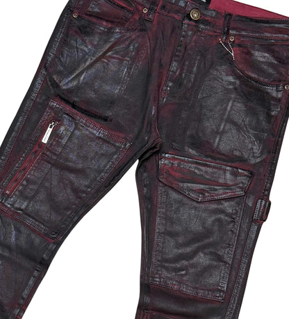 Coated Denim Flared Fit Pant Burgundy by Vicious - 3