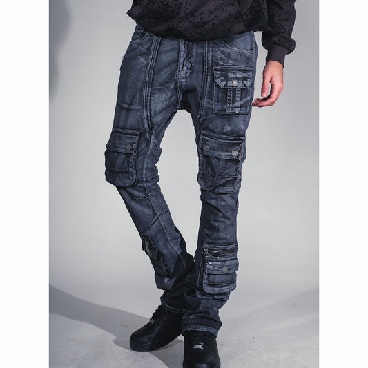 Dirty Wash Multi Cargo Flare Jeans W/ Zipper Details Ash Black by Vicious - 1