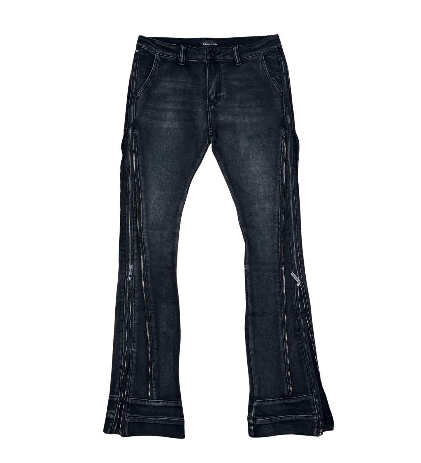 Denim Jeans / Multi Zippers / Flared Fit Pant Black by Vicious - 1